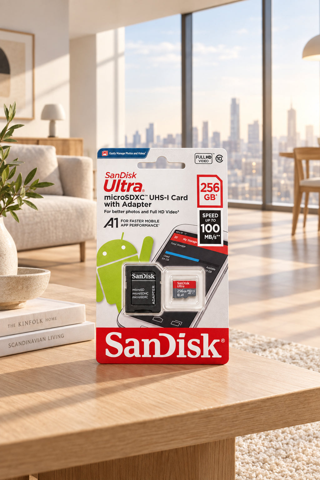 SanDisk microSDXC UHS-1 card with adapter in its retail packaging, showing a 256 GB card, an SD card, and an adapter on a white and red box.