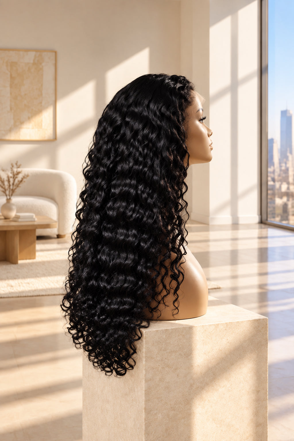 Long, dark curly wig displayed on a mannequin head mounted on a wooden stand against a white textured wall.