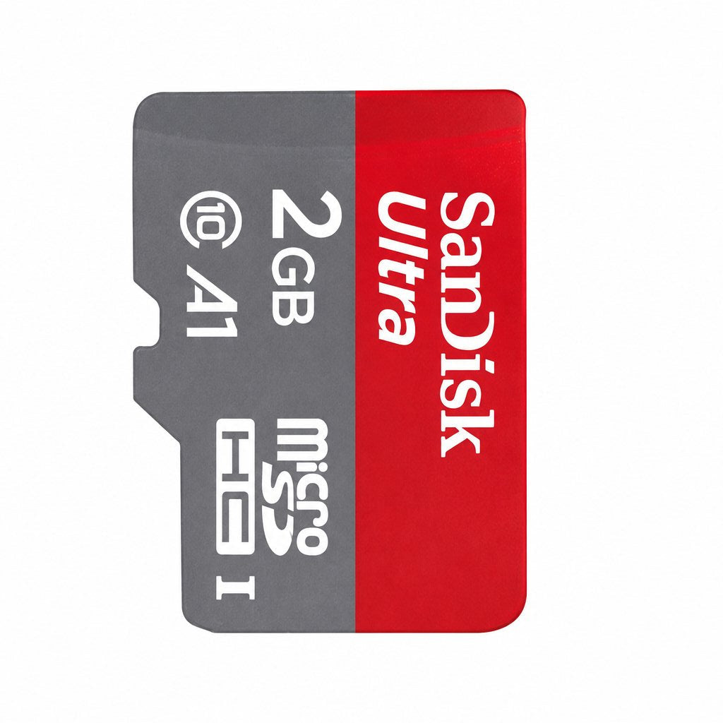 A SanDisk Ultra 2GB microSD card with a red and gray dual-color design, featuring white text for the brand, capacity, and specifications, shown on a plain white background.