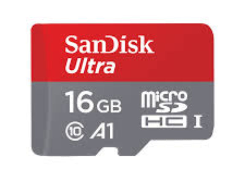 A SanDisk Ultra 16GB microSDHC (Class 10, A1) memory card shown on a plain white background.