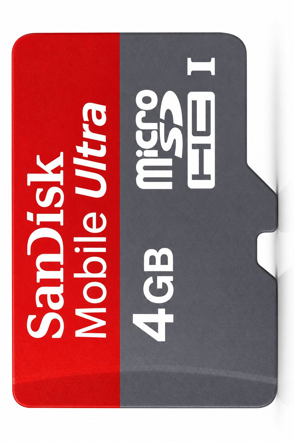 A SanDisk Mobile Ultra 4GB microSDHC 1GB speed class memory card shown on a clean white background.